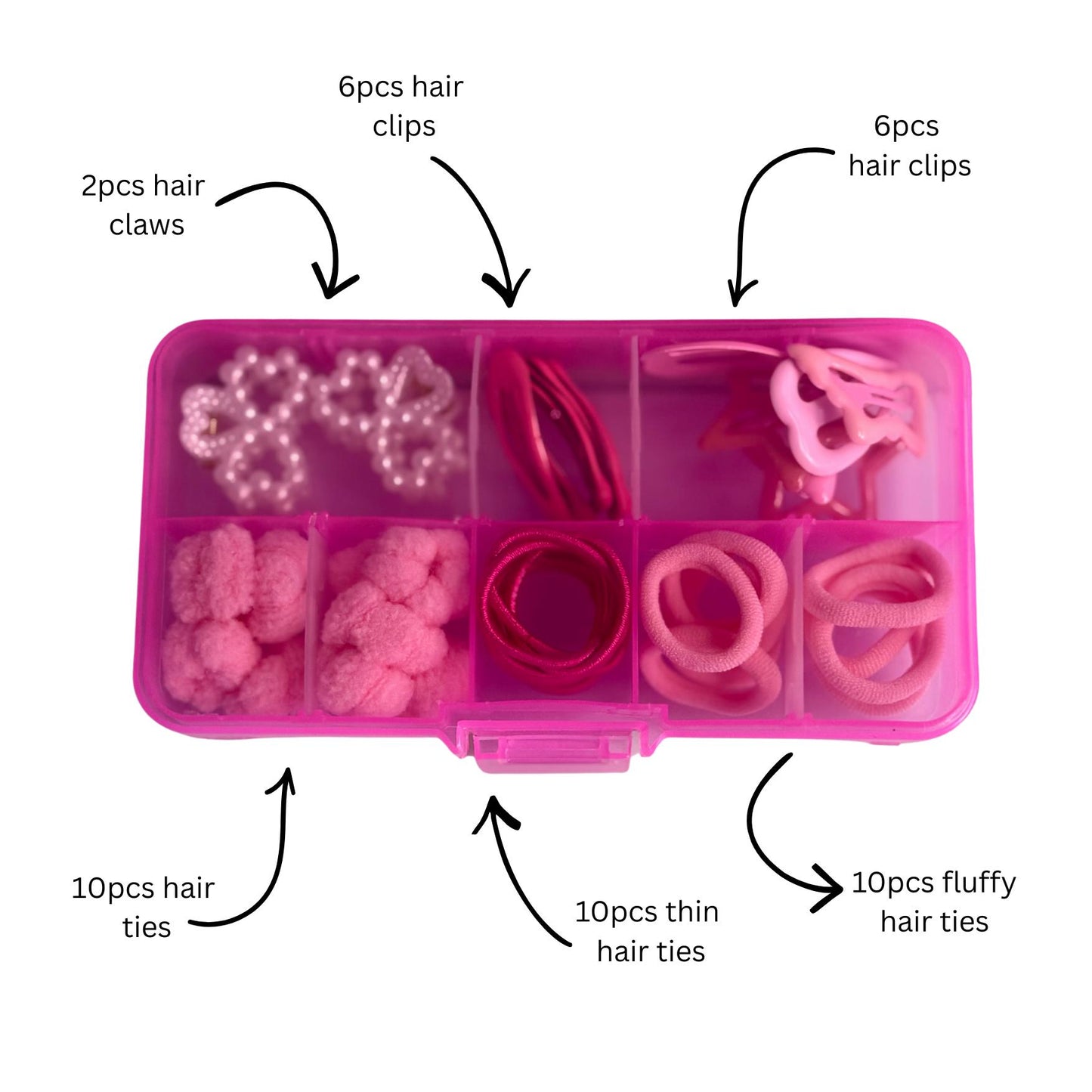 Pink Hair Accessories Organiser Set 44pcs Clips, Claws & Hair Ties