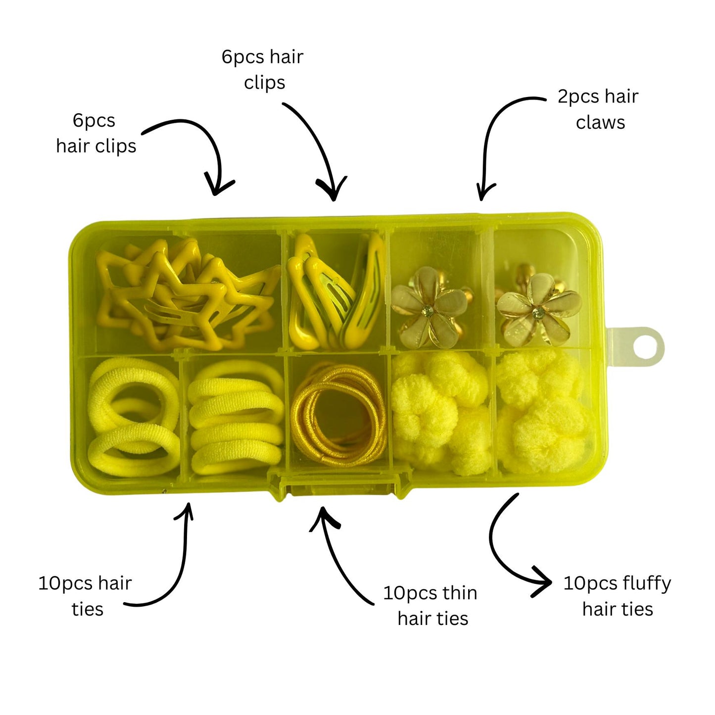 Yellow Hair Accessories Organiser Set 44pcs Clips, Claws & Hair Ties