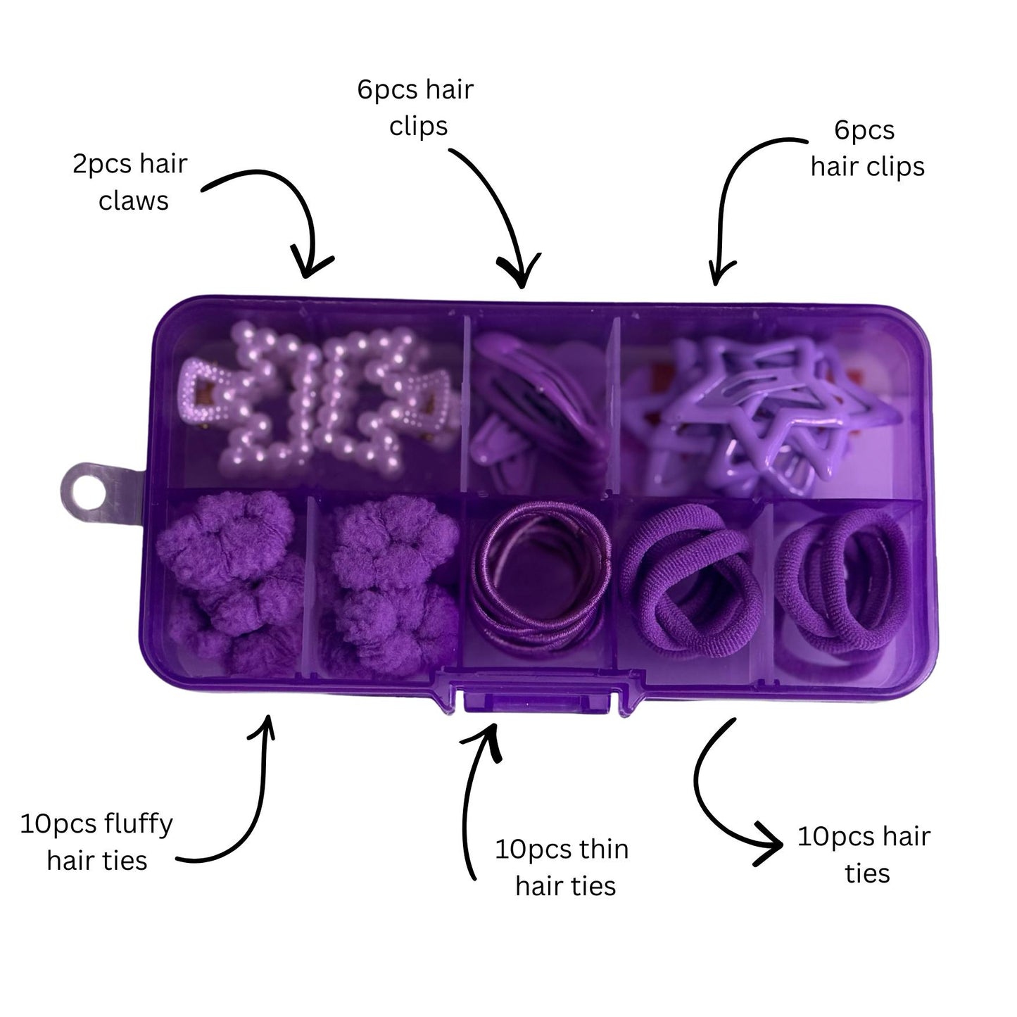 Purple Hair Accessories Organiser Set 44pcs Clips, Claws & Hair Ties