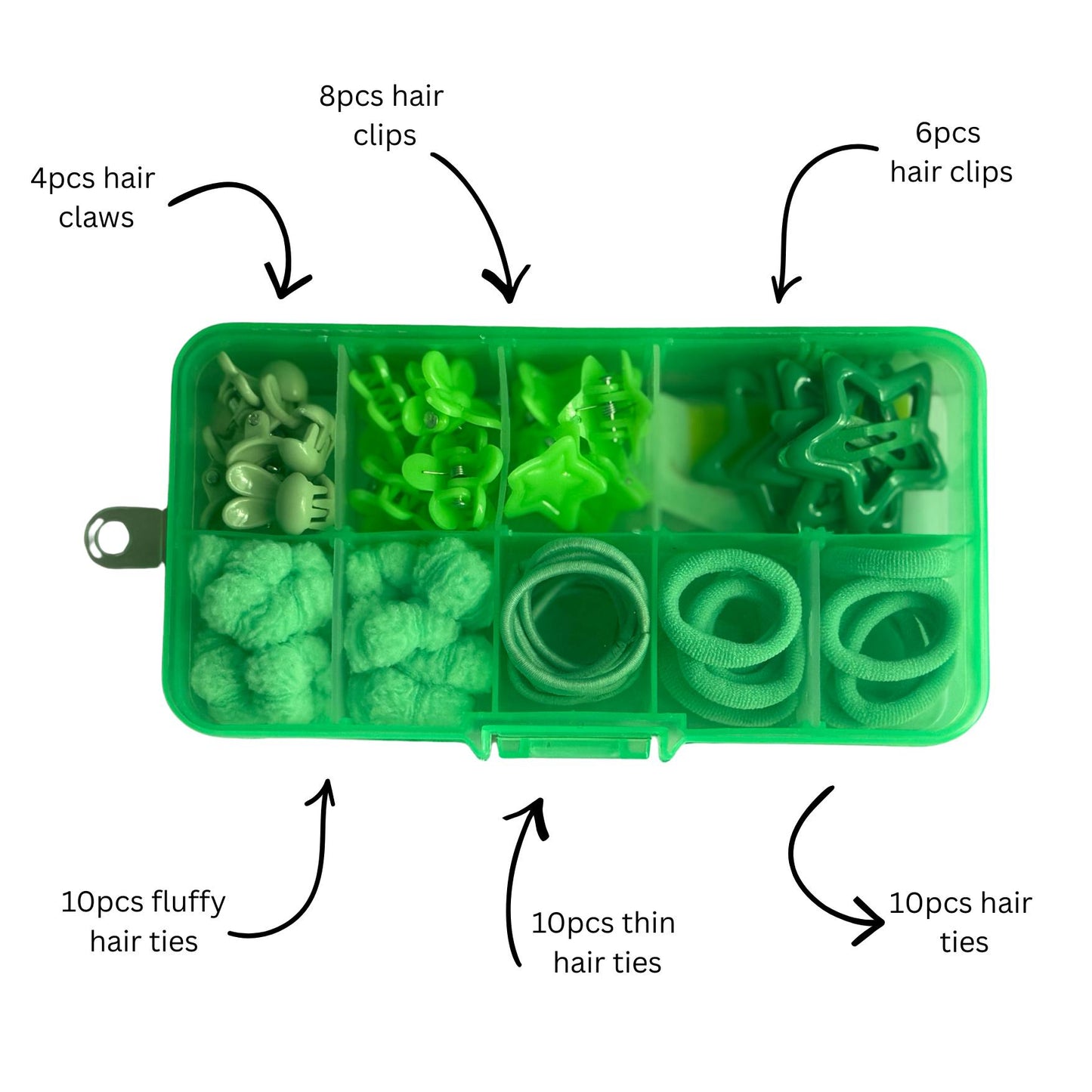 Green Hair Accessories Organiser Set 48pcs Clips, Claws & Hair Ties
