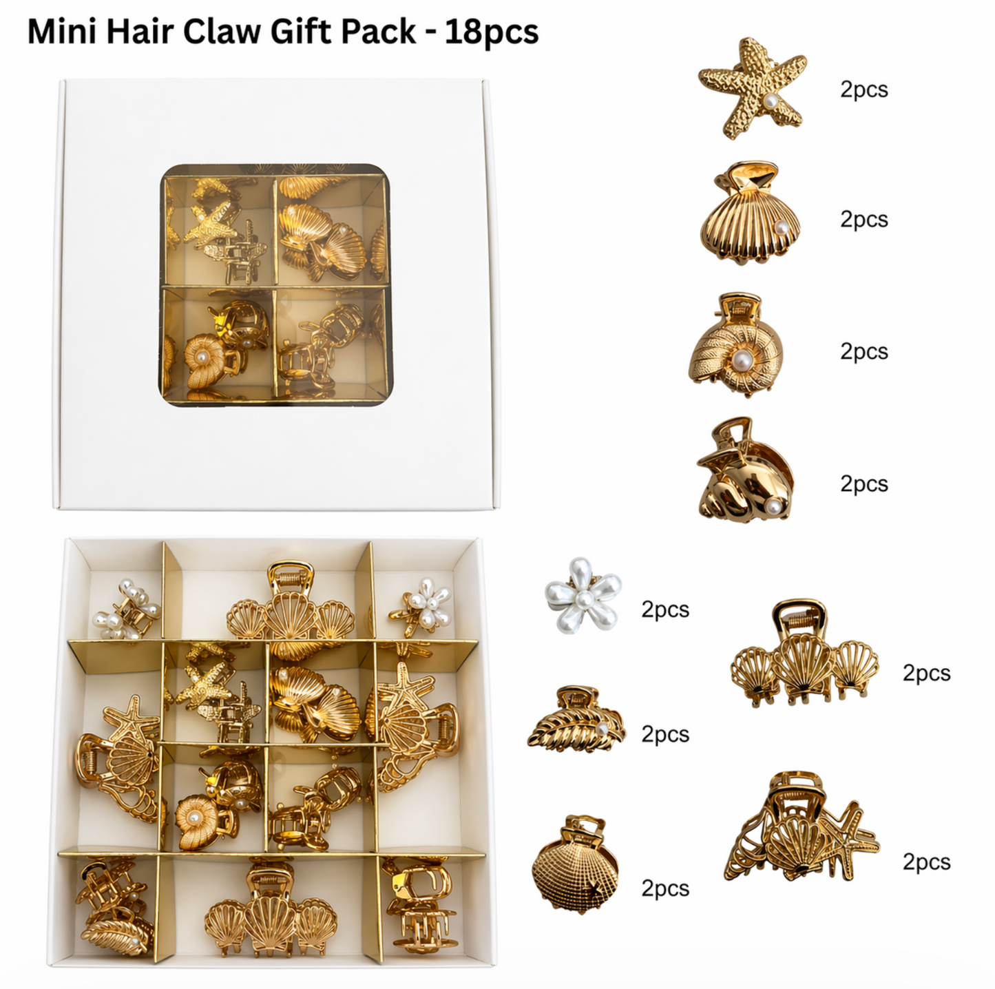 Mini Gold Hair Claw Set 18pcs Ocean-Inspired Clips Gift Box