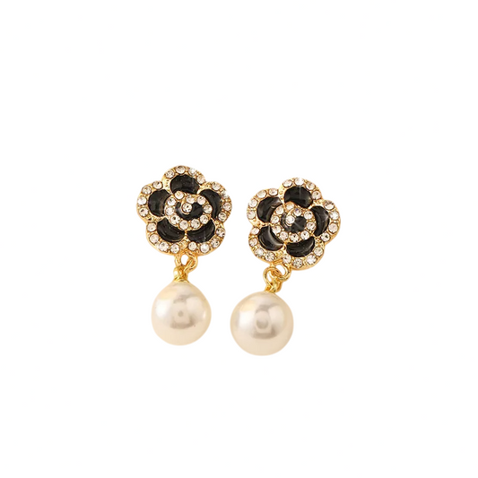Pearl Black Flower Earrings