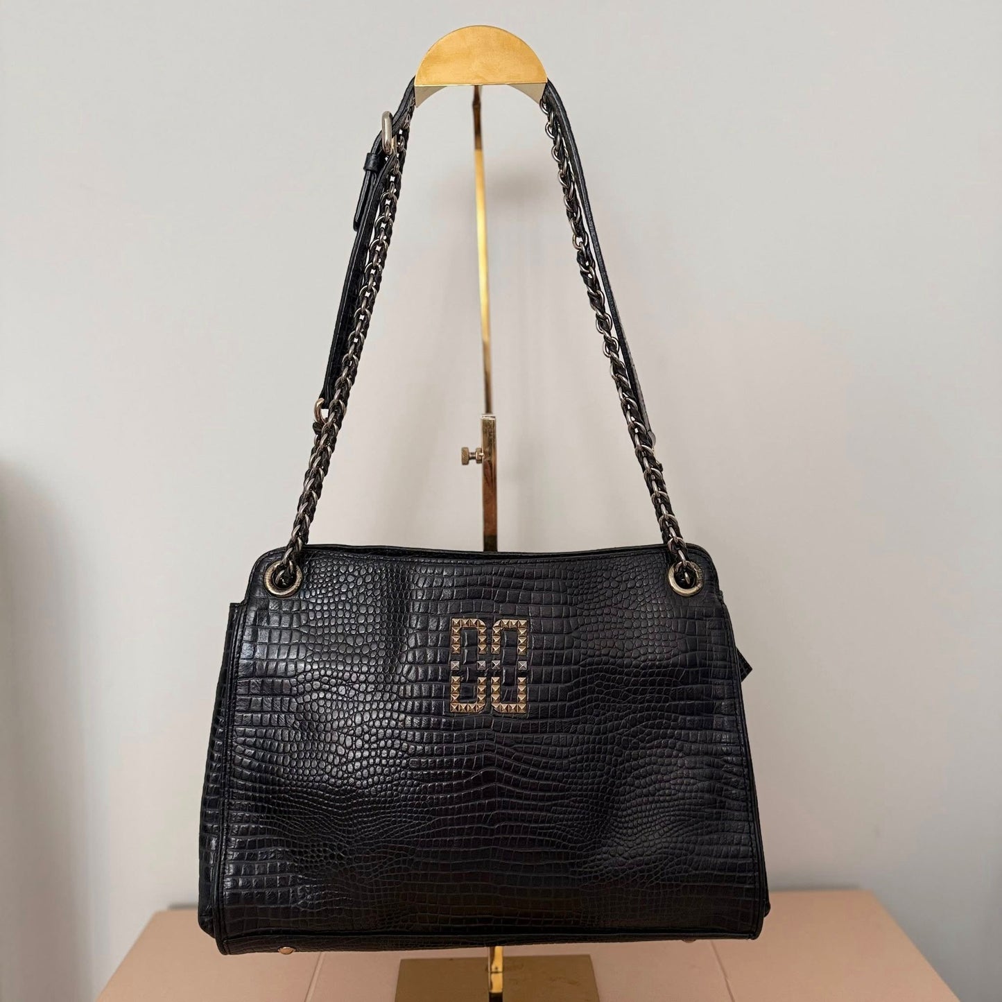 Pre-loved DAKS Black Croc-Embossed Leather Chain Shoulder Bag