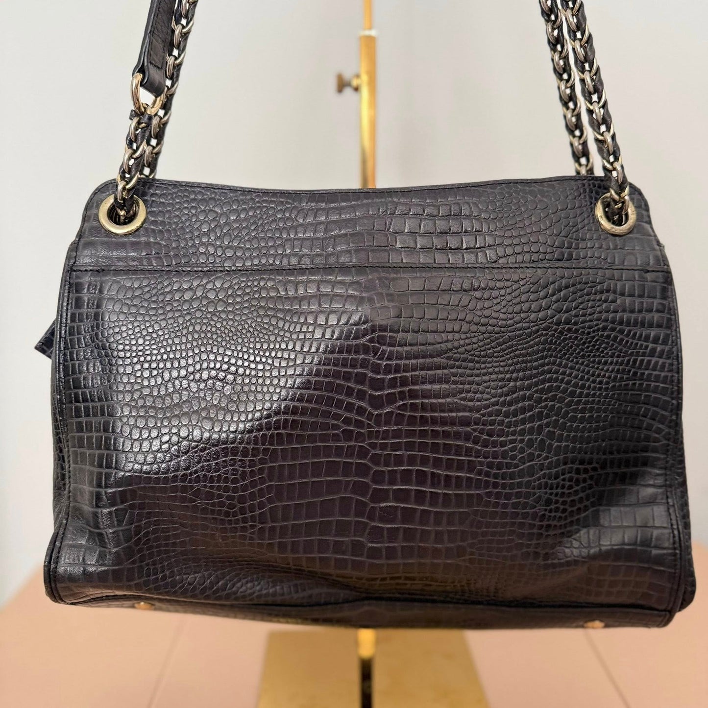 Pre-loved DAKS Black Croc-Embossed Leather Chain Shoulder Bag