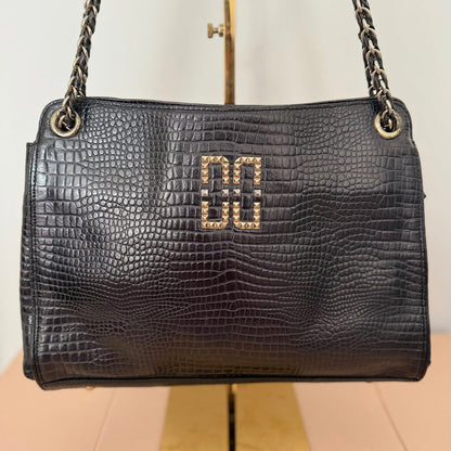 Pre-loved DAKS Black Croc-Embossed Leather Chain Shoulder Bag