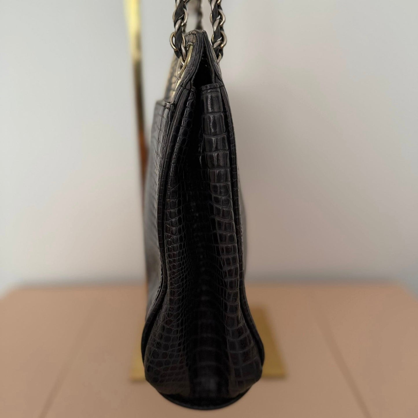 Pre-loved DAKS Black Croc-Embossed Leather Chain Shoulder Bag