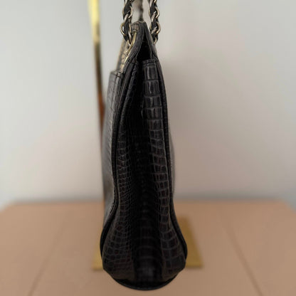 Pre-loved DAKS Black Croc-Embossed Leather Chain Shoulder Bag