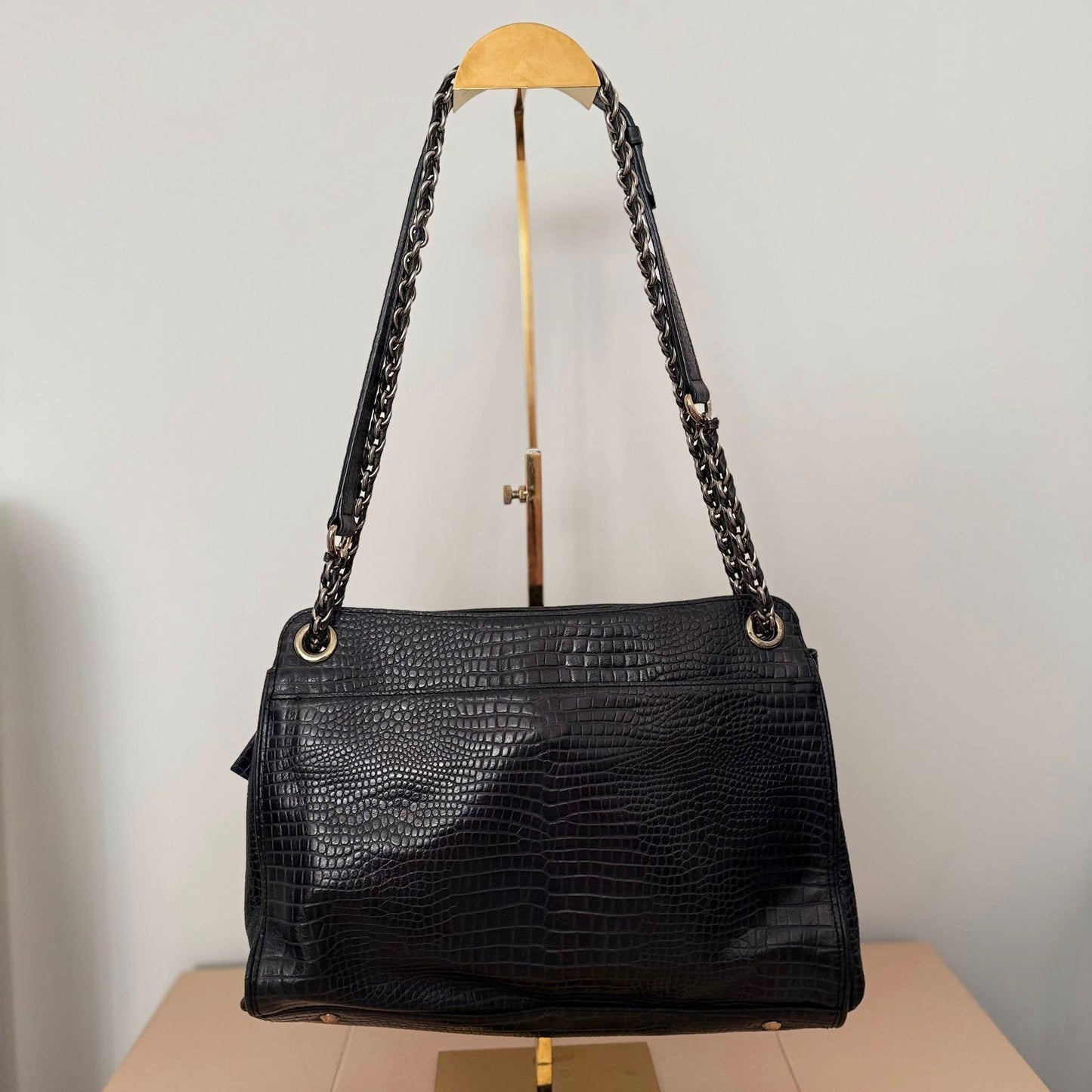 Pre-loved DAKS Black Croc-Embossed Leather Chain Shoulder Bag