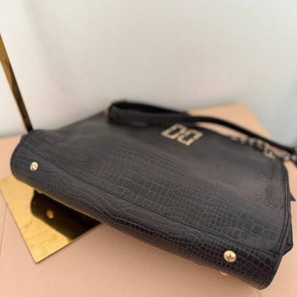 Pre-loved DAKS Black Croc-Embossed Leather Chain Shoulder Bag