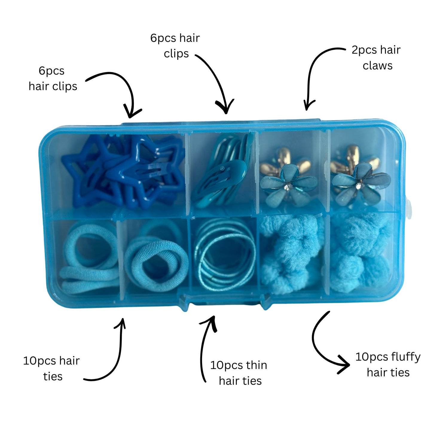 Blue Hair Accessories Organiser Set 44pcs Clips, Claws & Hair Ties