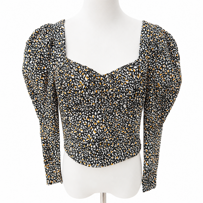 Topshop Abstract Animal Print Puff Sleeve Crop Top UK 10 100% Cotton
