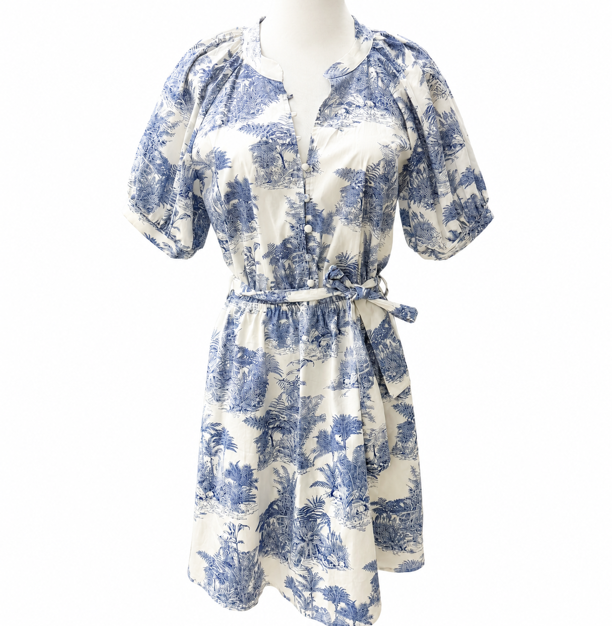 Dotti Blue Toile Print Tie-Waist Mini Dress Size 10