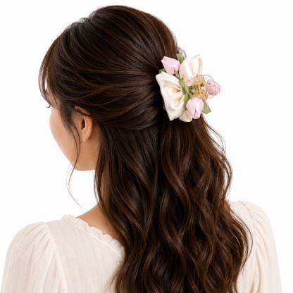Rose Garden Satin Bow Hair Claw Clip