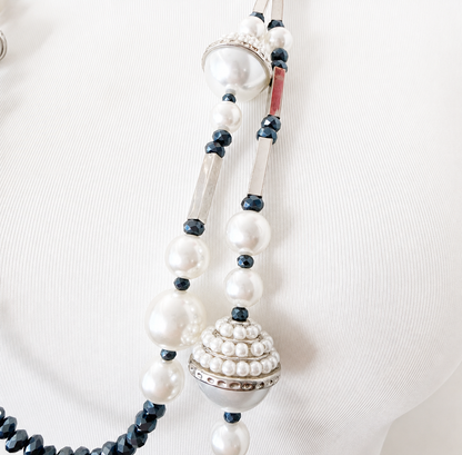 Elegant Pearl & Navy Beaded Long Necklace Pre-Loved