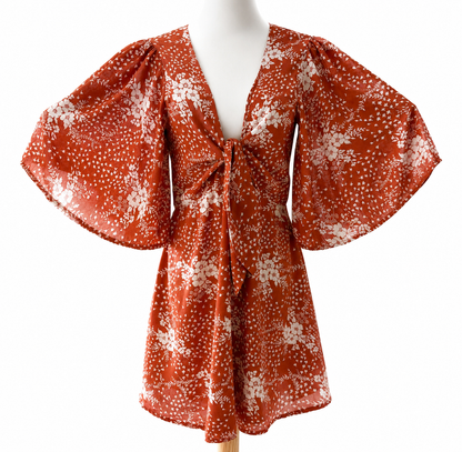Here Comes The Sun Rust Floral Tie-Front Mini Dress Size AU 12 Pre-Loved