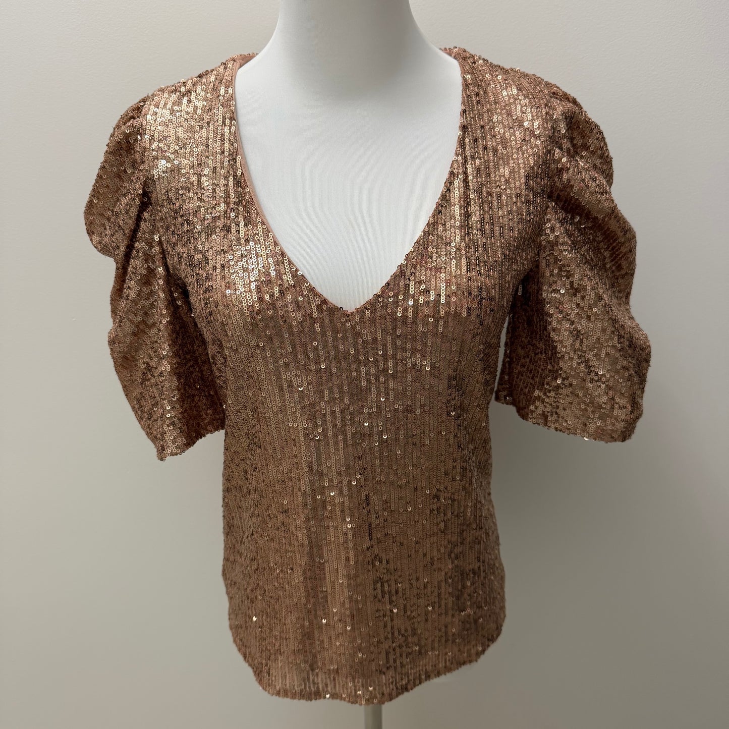 M&Co Rose Gold Sequin Puff Sleeve Top Size UK 8 Pre-Loved