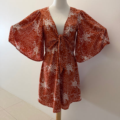 Here Comes The Sun Rust Floral Tie-Front Mini Dress Size AU 12 Pre-Loved