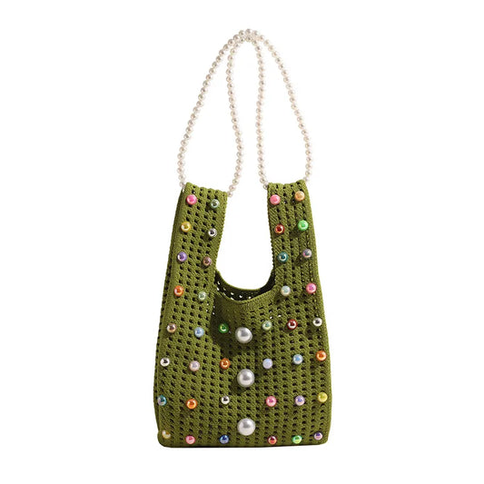 Knit Solid Color Cute Pearls Bag