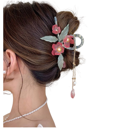 Pink Flower Hair Claw Clip with Tassel