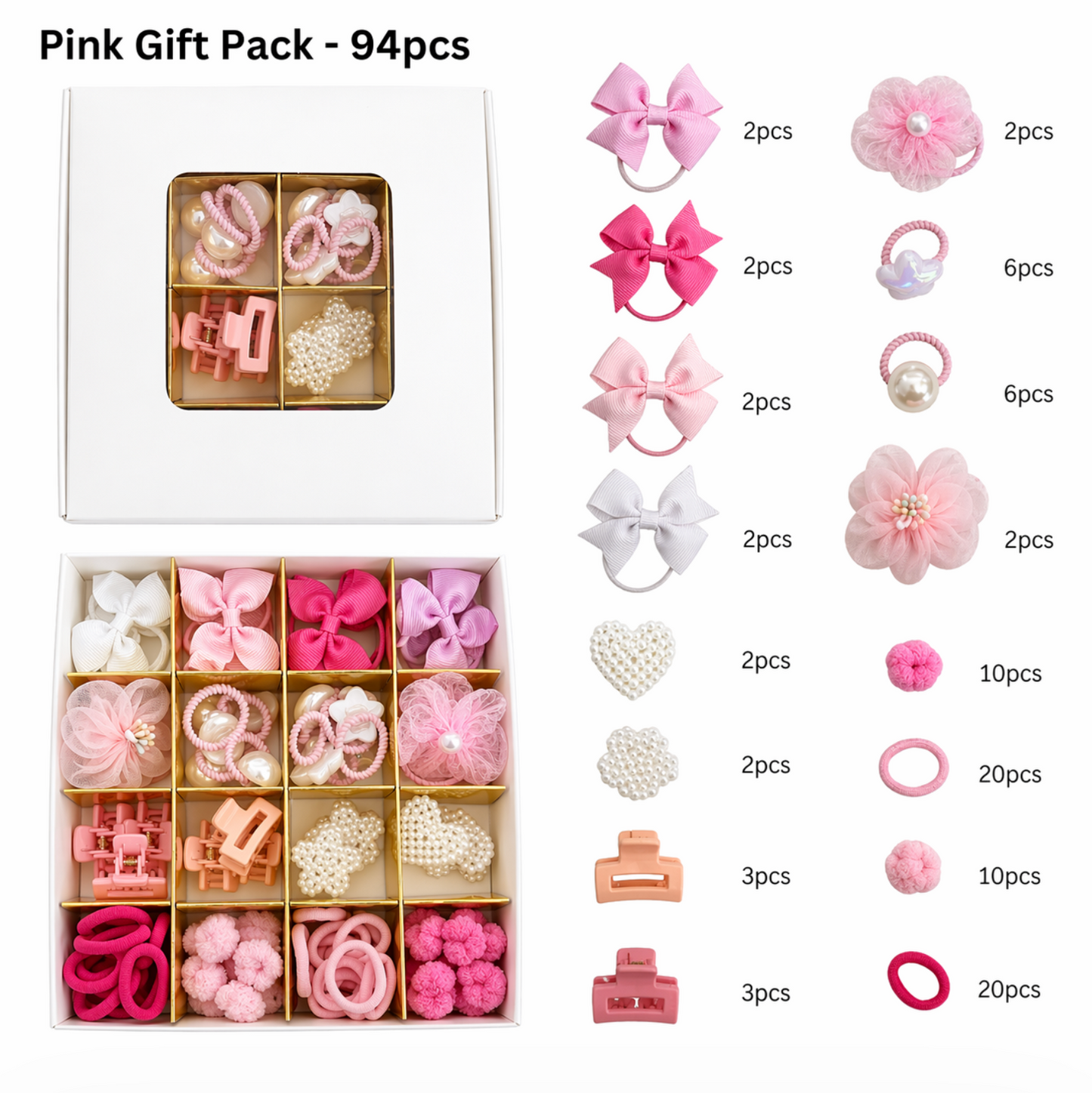 Pink Hair Accessories Gift Set 94pcs Kids Clips, Bows & Hair Bands Collection