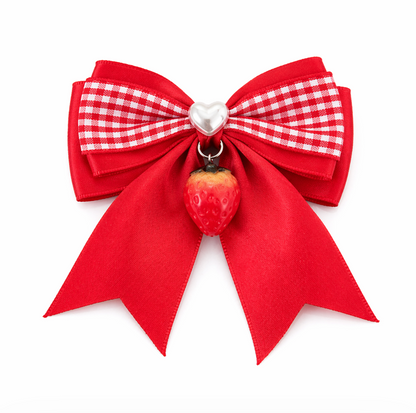 Strawberry Gingham Charm Bow Hair Clip