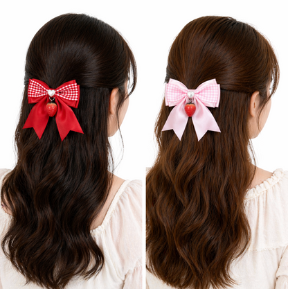 Strawberry Gingham Charm Bow Hair Clip