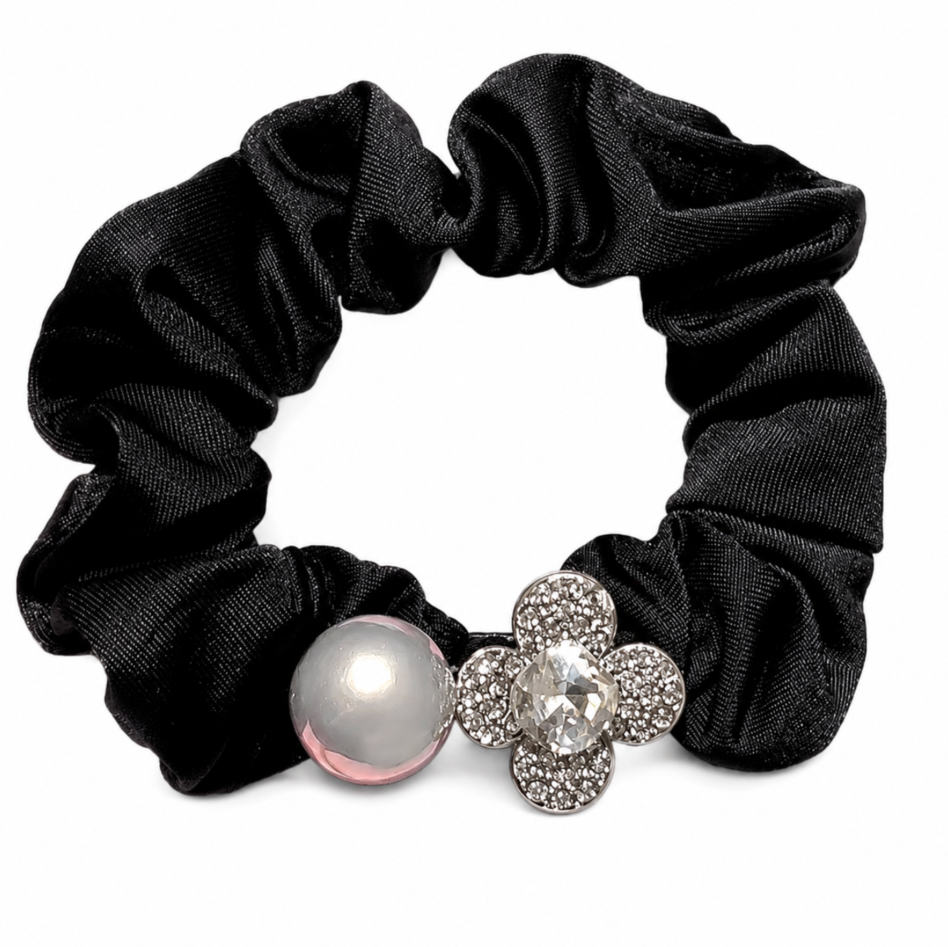 Black Satin Pearl Flower Scrunchie