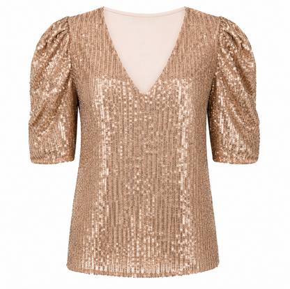 M&Co Rose Gold Sequin Puff Sleeve Top Size UK 8 Pre-Loved